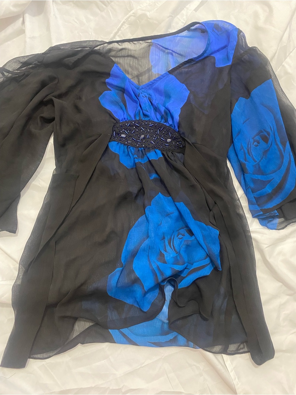 Black Sheer Tunic with Bold Royal Blue Rose Print